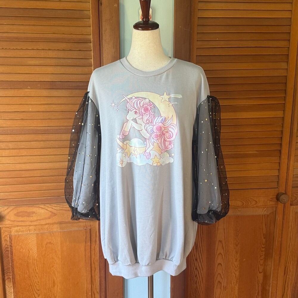 J-fashion Bodyline Gyaru Kawaii Harajuku Gray Unicorn Sweatshirt Dress w/ Bows M